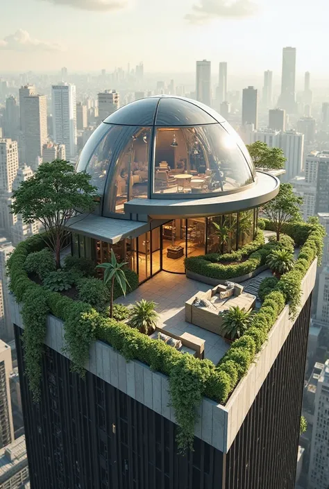 Create a floorplan on a roof where there is a penthouse and outside the dome penthouse there is a greenspaces