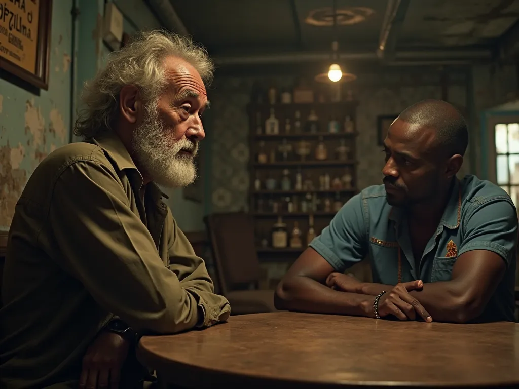 In a medium shot, we see a scene inside an old bar in Brazil. The atmosphere is rustic and worn, with dim lighting and wooden furniture. The focus is on Bento, an elderly bearded man, standing by the table where Adão, a black man, is seated. Bento, with de...