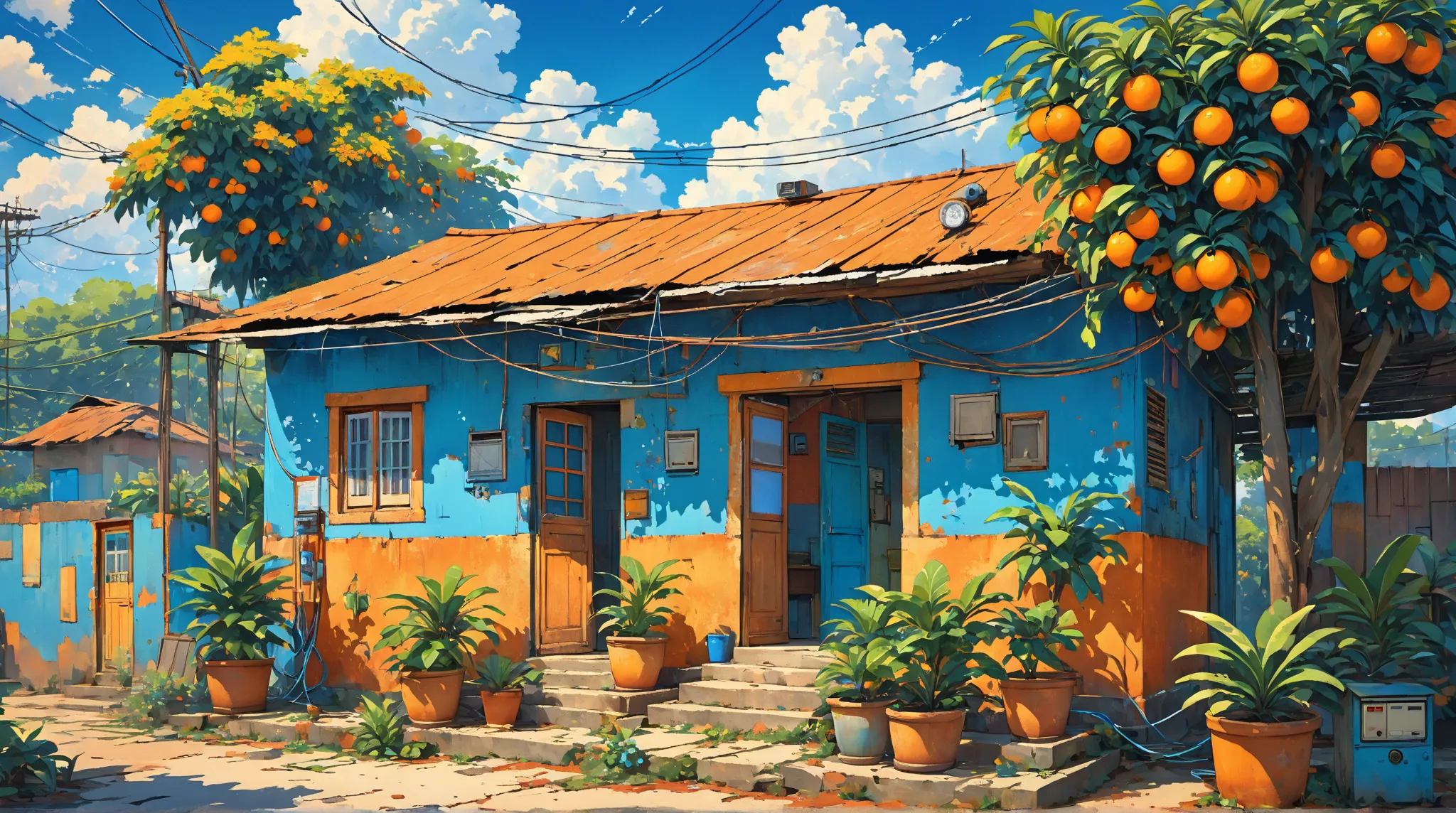  Draw a simple animated scene of an old broken blue Indian house with an orange tree outside, Potted Lush Long Leaf Plants , stage, Electric Wires and Poles, Electricity Meters,  cool vibe, Blue cloudy sky, Beautiful colors, Vivid Colors