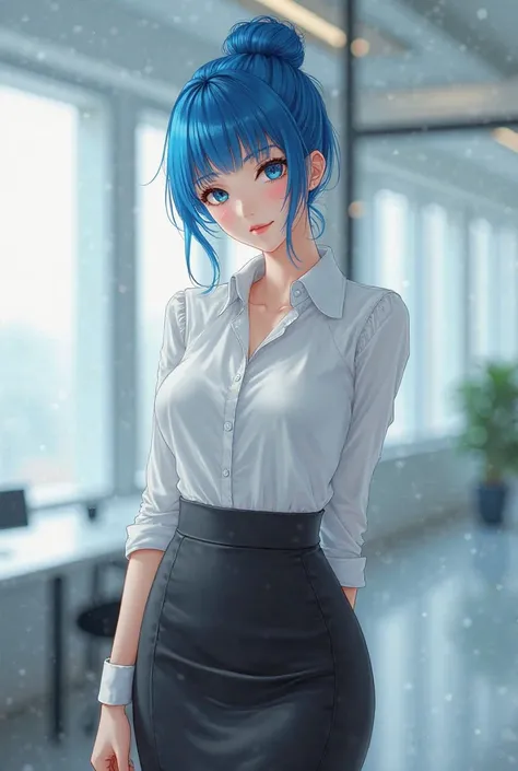 Secretary with blue hair, white blouse, black pencil skirt, anime, tied up