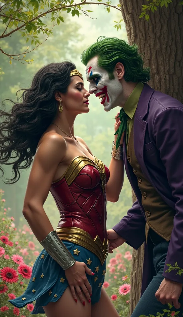 Wonder woman is standing against the tree, Hand on tree, Breasts on tree , joker grabbing her from back,at flower garden, wonder woman is crying loudly. 