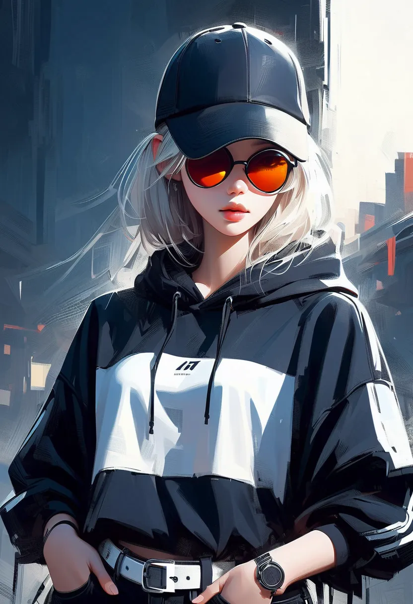 (great work, hoodie :1.2), 1 girl wearing a black cap,Hat Wing Handle,sport bar ,legging ,  sunglasses , bob gray hair ,alone, sexy standing 
