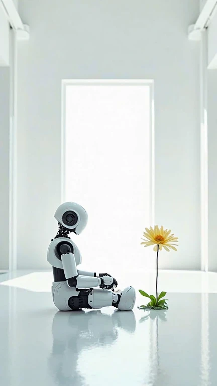 create a cover for a scientific magazine: the clean white room without windows in the background, plastic panels, clean and scientific style. a humanoid robot presenting ai siting in the knees in front of the small flower growing through the floor. the rob...