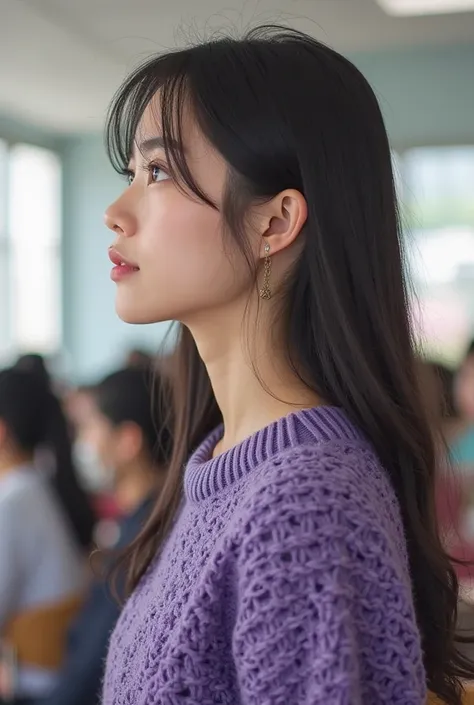 Draw a profile of a Korean woman in her 20s with soft eyes and a big nose. The length of the hair should be close to the chest. It would be nice if the clothes were purple knits and the background was a classroom.