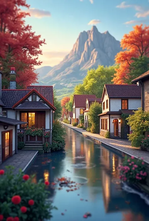 a small village by the river, mountains in the background, floral flowers colorful, detailed landscape, Beautiful natural landscapes, atmospheric lighting, scorching sunset, warm colours, practical, photopractical, Detailed Foliage, complex buildings, cobb...