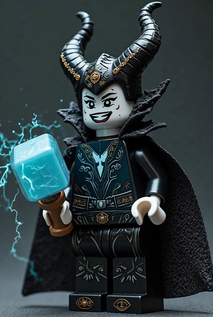 Maleficent, holding thor hammer, lego, lego toy, in lego form, electricity, raw skin details, black suit, new suit, high resolution, best quality, highly detailed, realistic, masterpiece, indian, indian dress, detailed, indian symbols on mask, realistic da...