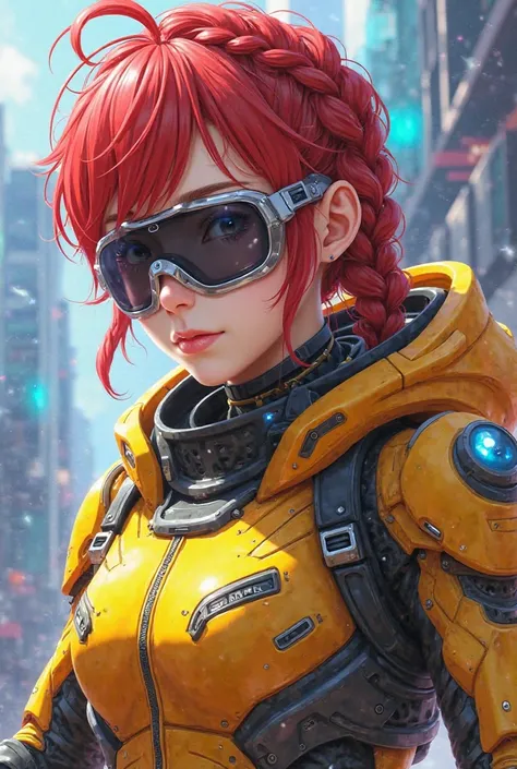 Adolence animated gamer red hair braided in yellow mechanical suit with hat and sports glasses