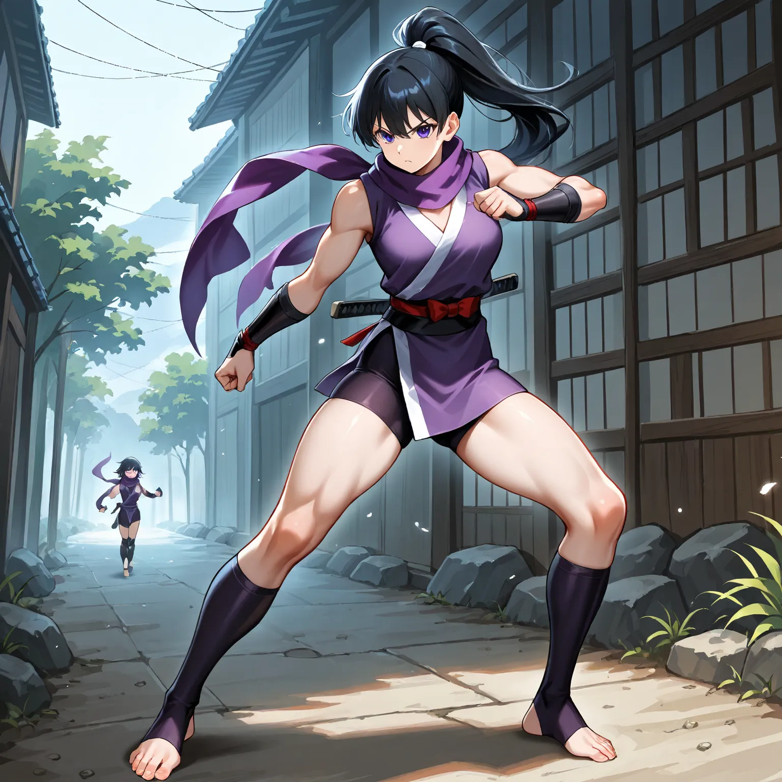 , women, asian, black hair, ponytail, spandex, purple ninja,slim muscular, athletic physique, mask, bare feet, wrappings on feet and wrists, sleeveless, ninja scarf, bracers, stirrup legwear, 
