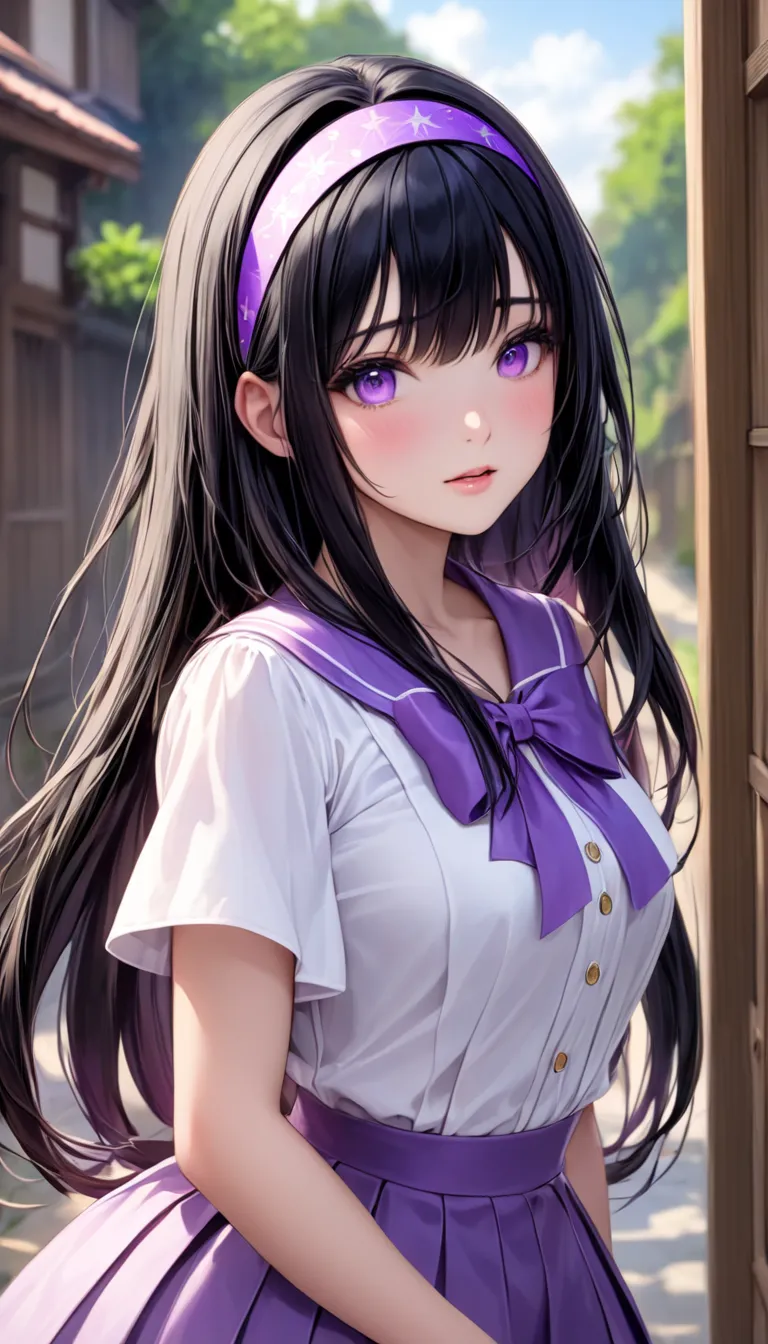 Highest quality, masterpiece, high definition, Alone, {Akemi_ Homura_魔法少女まどか☆マギカ:1.15}, black_hair, length_hair, hairband, purple _eye, , 1 girls on the left,  accurately _in_viewer,  magical_ girls on the left, portrait, black_hairband