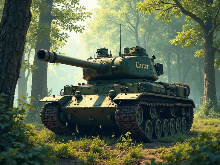 A dark-green tank stands in the forest on the tank with the CARTER inscription