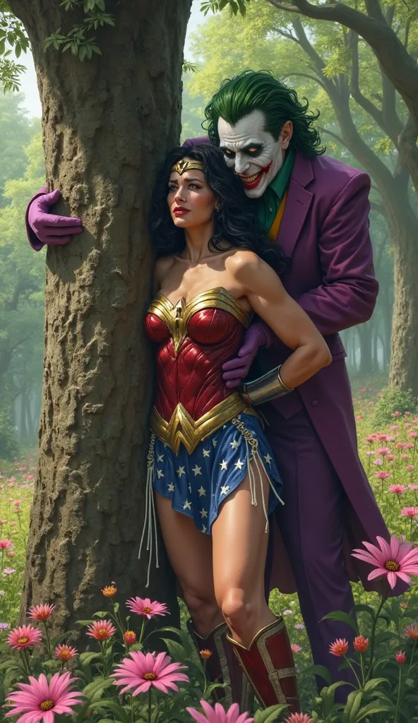 Wonder woman is standing against the tree, Hand on tree, Breasts on tree , joker grabbing her hips from back,at flower garden, wonder woman is crying loudly. 