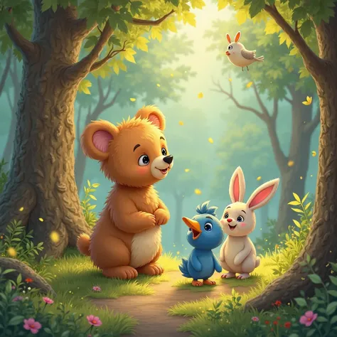 Once upon a time in a colorful forest, where leaves rustled in the wind and little birds sang sweet melodies, three very special friends: Max, a small bear with golden fur and bright eyes; Elijah, there was a brave little rabbit with long and soft ears; an...