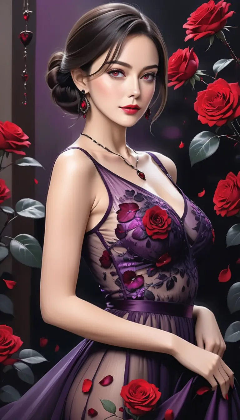  masterpiece,   graceful mature woman with shiny red eyes,  Perfect face , perfect style,  purple see-through dress holding a black rose, necklaces, earrings, red rose petals, high definition, semi-realistic,   perfect art ,  digital illustration art , 