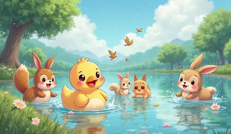 little duck and her friends playing together by the lake, joyful and lively expressions, sunny day, cartoon anime style, vibrant colors, playful and fun