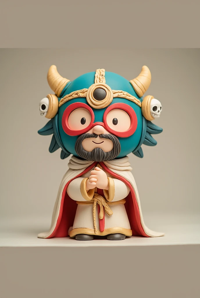  (best quality, cute, well detailed, sintétic and rounded forms  a vinilo art toy cute and tender de un luchador hombre enmascarado Blue Demon en un cuerpo de santo católico, decorado con cráneos, colores negro y plata, detalles relieves aztecas fondo neut...