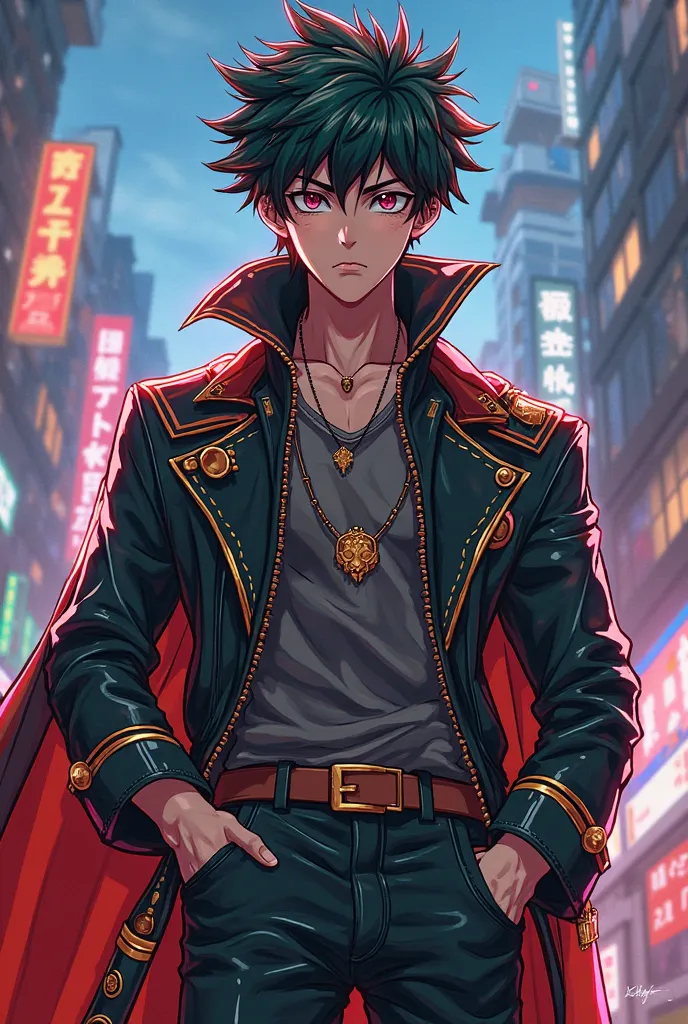 Make a similar character with these clothes and expensive but in the anime style "Boku no Hero Academia"