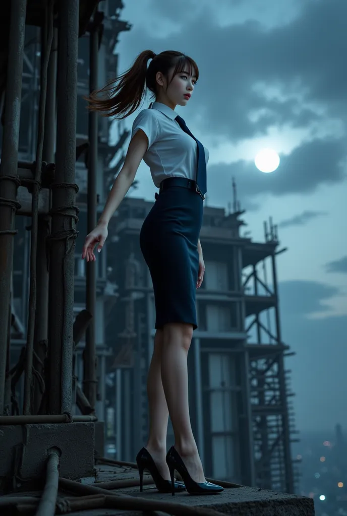 ((Sexy beautiful Japanese woman, a self defense officer uniform, wearing a white short-sleeved shirts, navy blue tie, navy blue pencil skirt, Black patent high heels, epaulette):1.5), beautiful hip-line, Beautiful thighs, brown hair, low ponytail, floating...