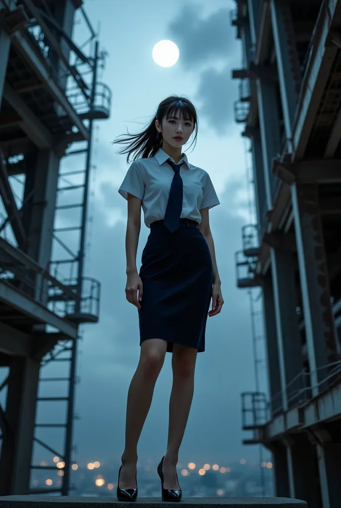 ((Sexy beautiful Japanese woman, a self defense officer uniform, wearing a white short-sleeved shirts, navy blue tie, navy blue pencil skirt, Black patent high heels, epaulette):1.5), beautiful hip-line, Beautiful thighs, brown hair, low ponytail, floating...