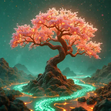 "Cybernetic cherry blossom tree with circuit-board bark and holographic fire blossoms, magma rivers showing glowing binary code, neon Chinese zodiac dragons and phoenixes rotating in AR interface, cyberpunk aesthetic with jade green and neon orange color s...