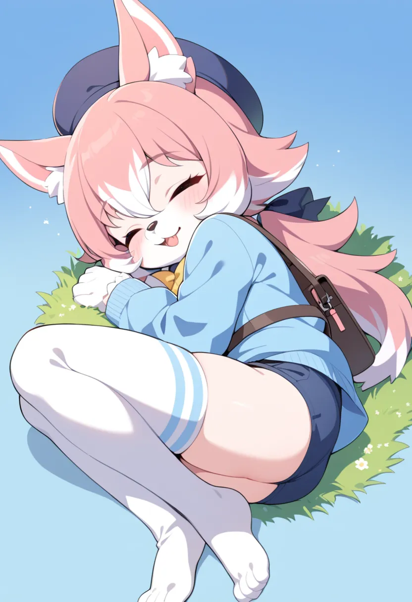 1girl, (furry, kemono:1.4), rabbit girl, animal nose, rabbit ears, pink hair, female focus, sleeping, long hair, hat, short pants, short hair, blue headwear, open mouth, blue short pants, shirt, socks, long sleeves, kindergarten uniform, bag, beret, white ...