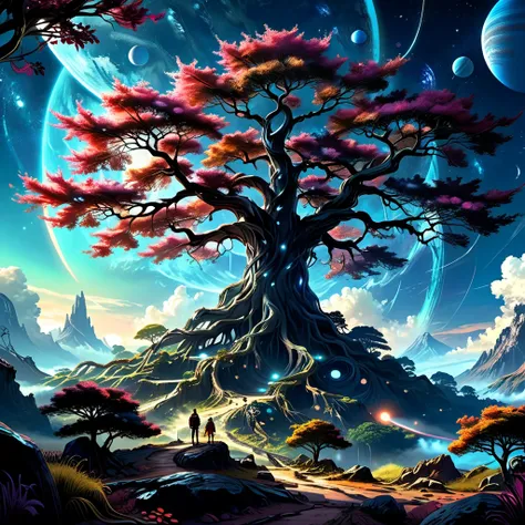 (graphic novel style, dark novel style),(anime),(masterpiece:1.4), (colourful, soft cinematic light:1.1), incredibly lifelike, Extremely high-resolution details, 8k, best quality, extremely detailed, contrast, a giant tree in space, no earth, planets like ...