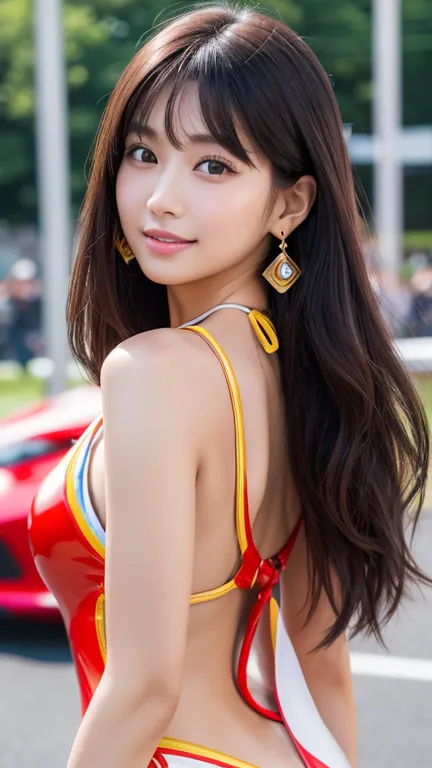  COWBOY SHOOTING 、 long hair、  Multi Colored Hair  、 black hair、smile、(( race queen))、((Car Racing))、((circuit))、(  realistic  racing car in the background)、(( High Leg Cut Latex One Piece Swimsuit))、(Latex Swimsuit with Sponsor Logo )、Various signs、Variou...