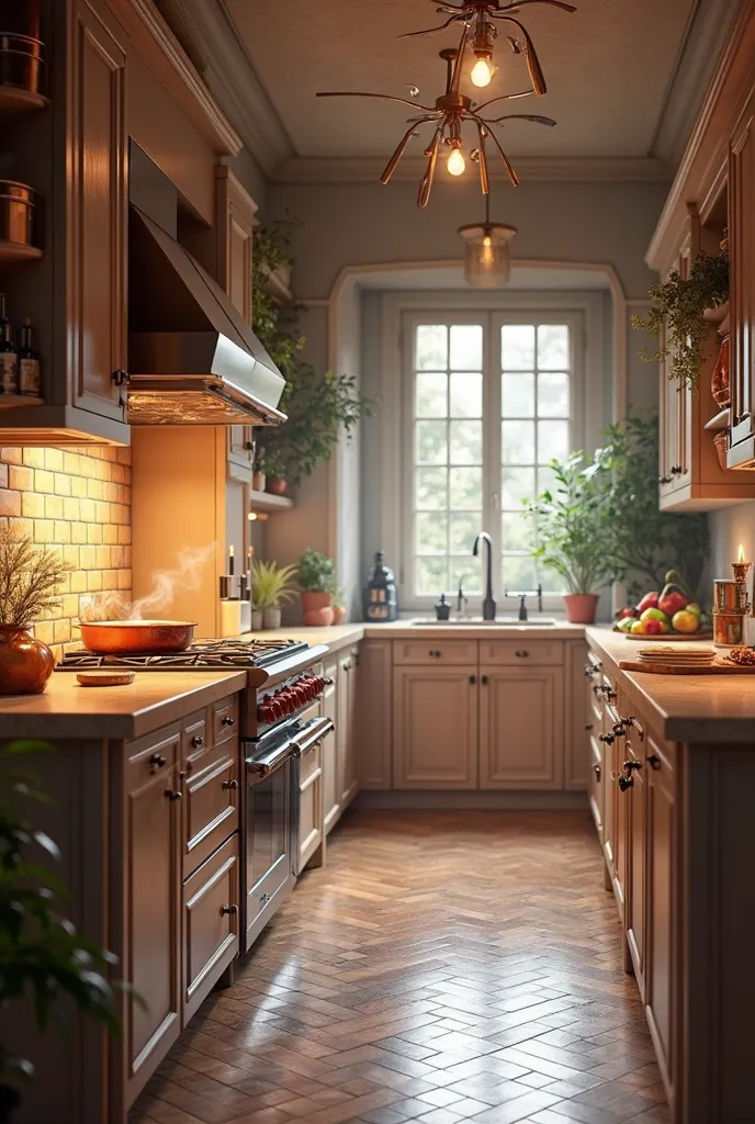 Picture of a kitchen that looks rich from a house where food is on the stove without a person 