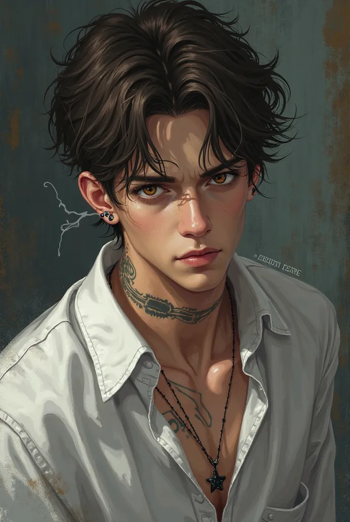 male, wavy short brown hair, brown eyes, ear piercing, smoke, wearing white shirt, a start tattoo on the neck, scars on the arms, anime style