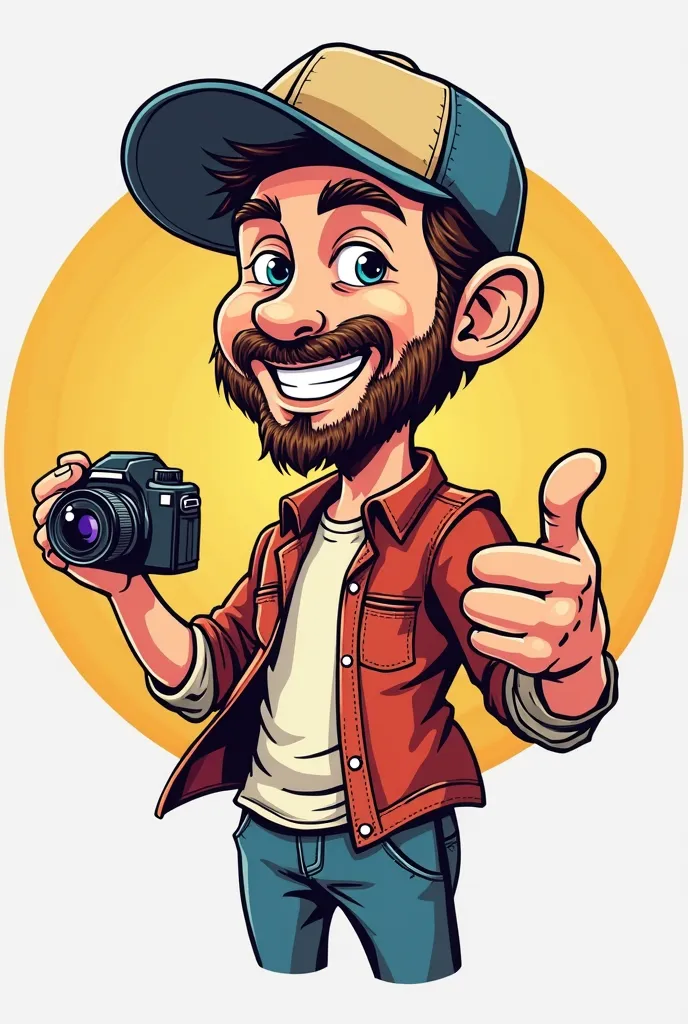 Fun and playfull caricature logo of a man character  wearing trucker hat that one hand holding a camera , and another hand in thumb up pose, in line art shape,  simple backgrond,comic  style
