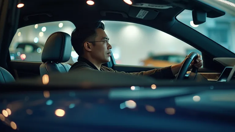 A customer is testing sitting in the driver's seat of a BMW 5 Series 2025 in the showroom, with a hand on the steering wheel and a full expression of anticipation. The reflection of the showroom lights on the windshield adds a cinematic effect to the atmos...