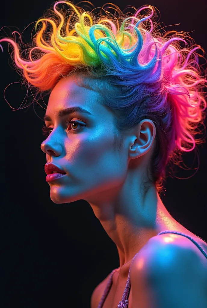 a close up of a woman with colorful hair and a black background, digital art by Marie Bashkirtseff, trending on pexels, fantasy art, beautiful and colorful, beautiful colorful, full of colors, colorful, extremely colorful, with sprouting rainbow hair, very...