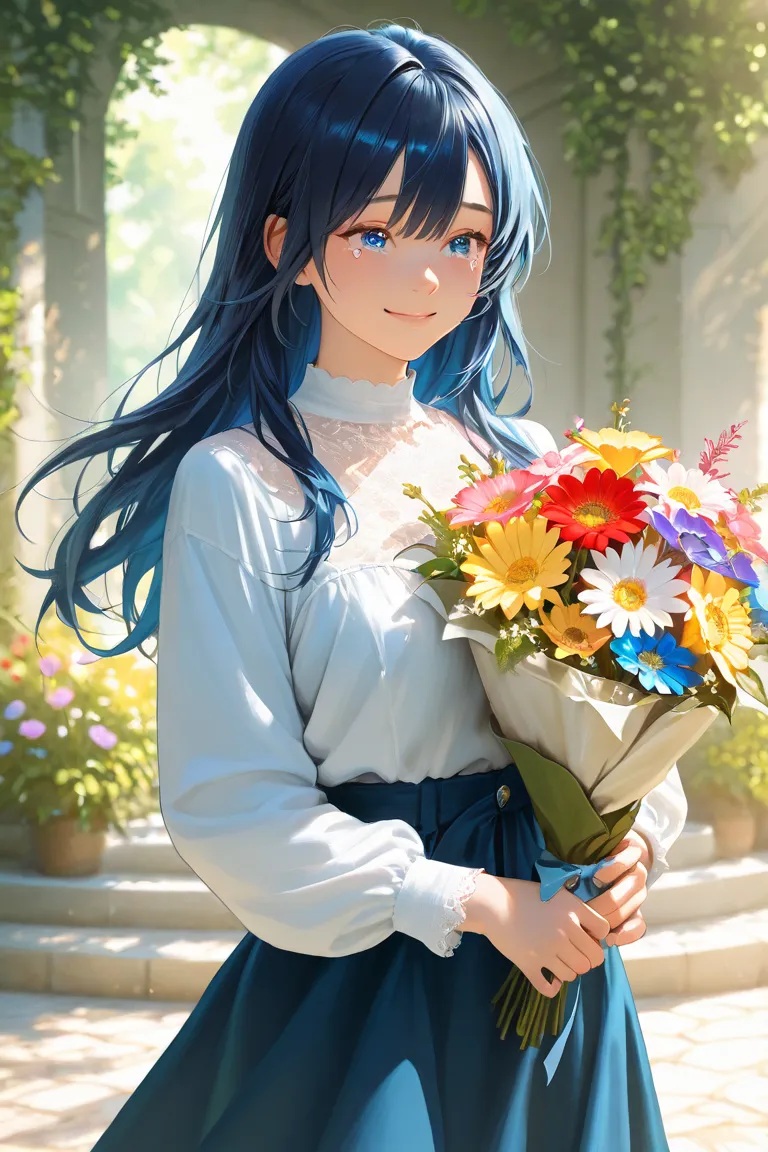 solo,one girl, dark blue short hair, blue eyes,cute,A good-sized bust,bouquet,happy,tears