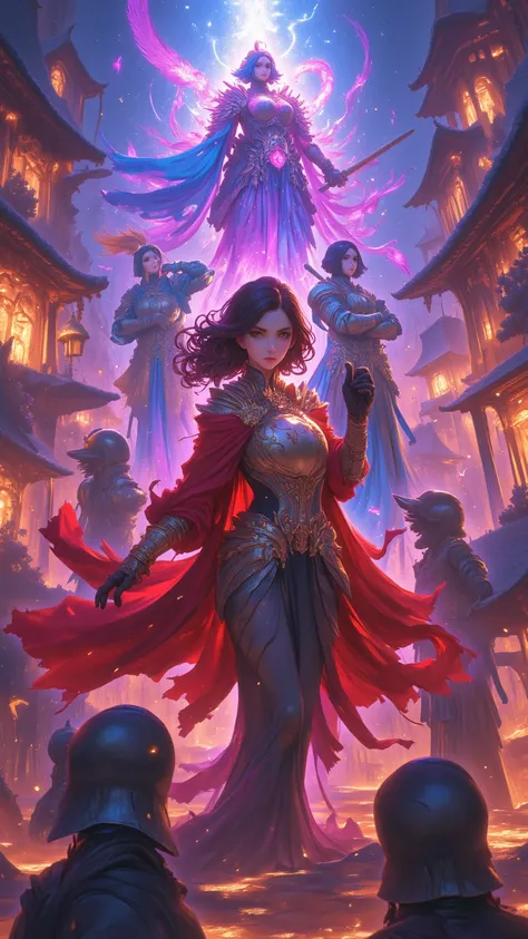 Close up of a woman dressed in black wearing a red cloak, Character portraits inspired by Magali Villeneuve, in a city with a fire , fantasy art depicting a dragon,  Woman Wearing Red Armor,  a female knight with tremendous muscular physique {x} and a beau...