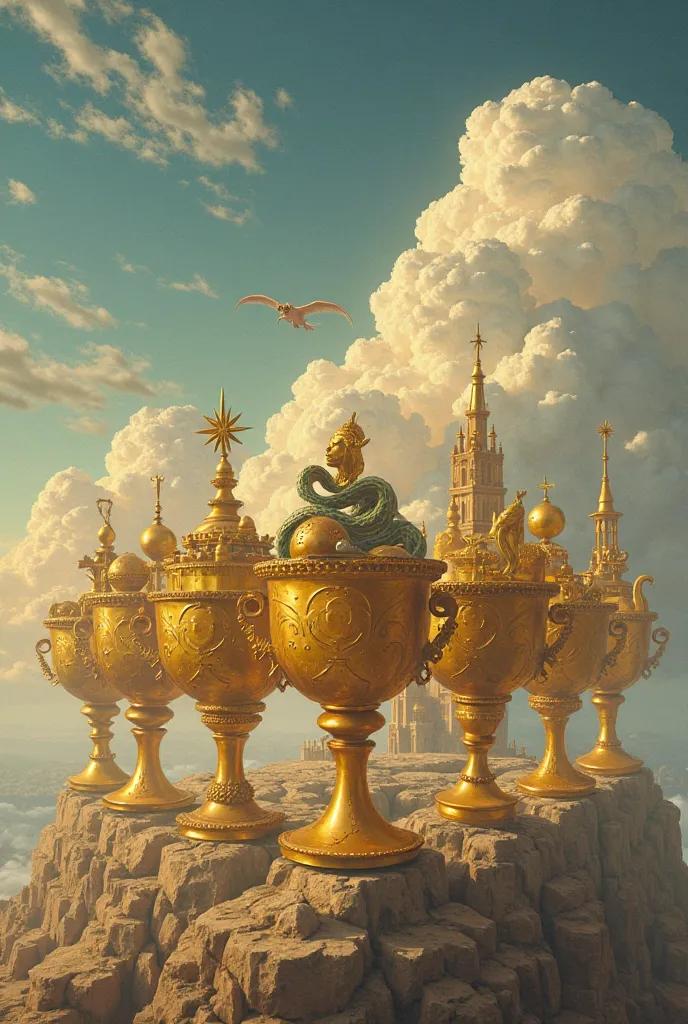 Seven golden cups in the sky in each cup has something , Does a cup have a human head , Another cup has a snake , Another cup has a dragon , another cup has a wreath of bay leaves, Another cup has a covered human figure , Another cup has a treasure and ano...