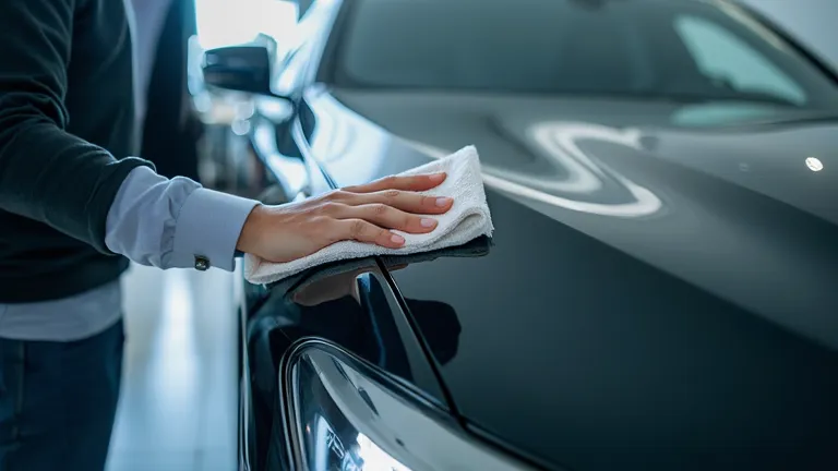 A showroom attendant wipes the surface of the BMW 5 Series 2025 with a microfiber cloth, ensuring the car remains in perfect condition. Bright showroom light reflects every detail of the shiny car body.  
