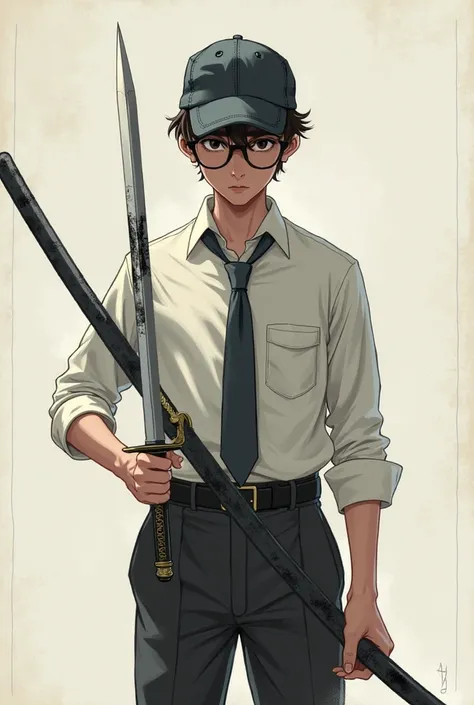 a boy with a cap and with a glasses with a black paint and shirt like a business man hanging out a sword in his hands