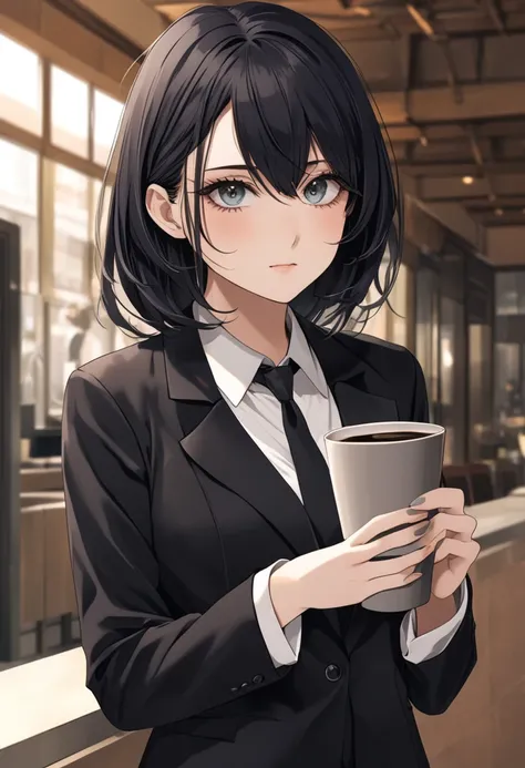 A young woman with a sharp, modern appearance. She has short, black, layered hair with a side-swept fringe framing her face. Her outfit is formal yet understated, consisting of a black blazer with a light-colored collar shirt underneath. Her expression is ...