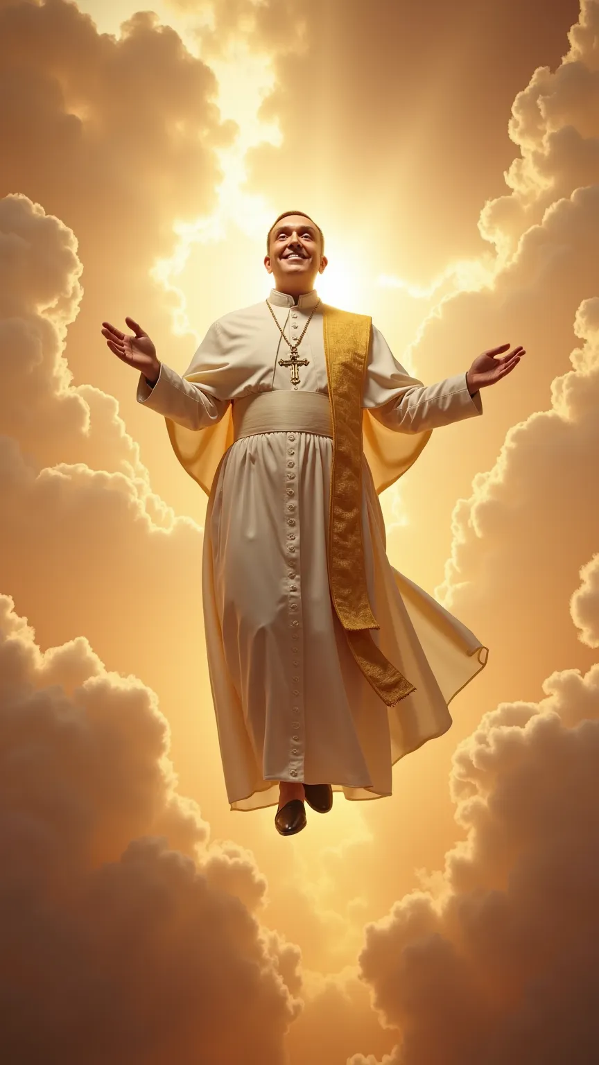  hyper-realistic depiction of the Pope ascending alone into the sky, surrounded by an ethereal and divine atmosphere. He is dressed in his traditional white cassock with a golden sash, and his face reflects deep serenity and transcendence. His arms are sli...