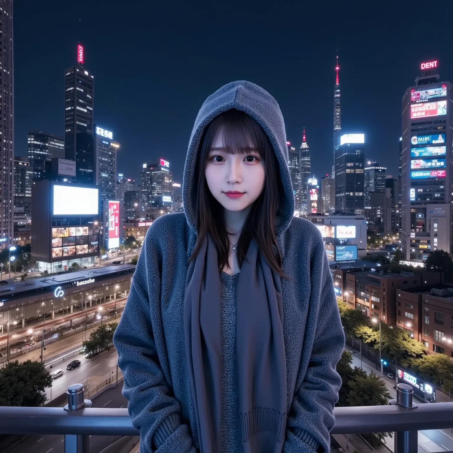  shot with smartphone、Night cityscape of Osaka、Winter clothes、full body

