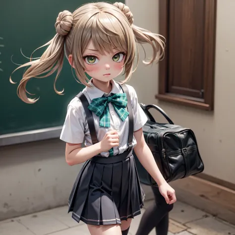 MichishioKC, (Michi) school uniform, (white) shirt, (short sleeves) shirt, suspenders, (green) bowtie, (grey) skirt, (pleated) skirt, (black) socks
