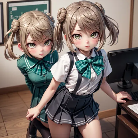 MichishioKC, (Michi) school uniform, (white) shirt, (short sleeves) shirt, suspenders, (green) bowtie, (grey) skirt, (pleated) skirt, (black) socks
