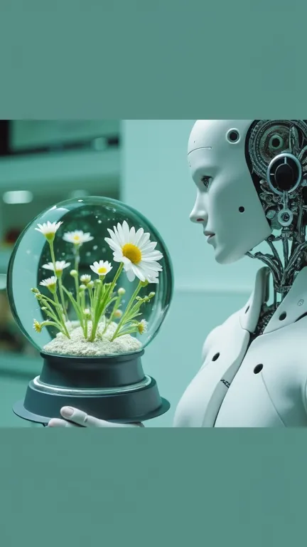 create a cover for a scintific magazine: the humanoid robot's hand holding a  snowglobe with spring flowers in it. the background is white with some Android pattern. the picture should be in calm colors, realistic. style: national geographic or other scien...