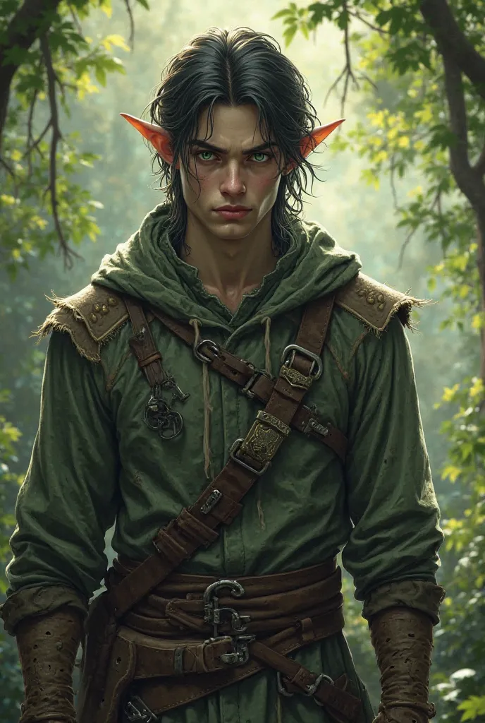 A male ranger. The ranger has a medium build and fey features: dark green eyes, grey skin, dark, medium-length hair, and pointed ears.