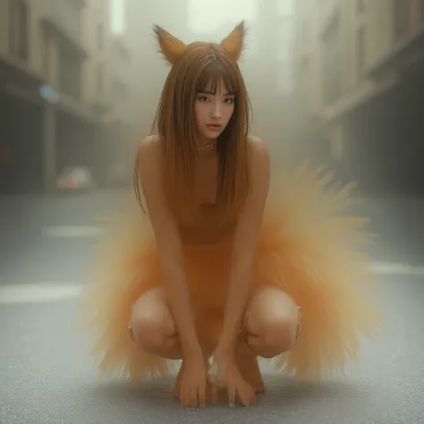 (( top quality made of straw , 8k)), ((Girl with straight brown hair)), (( photorealistic)), ( masterpiece), Perfect Face , ((Woman with fox ears )), ((That woman has a fox tail )), foxgirl, (Her tail is big  ), ( That beautiful woman is shy), She's a coll...