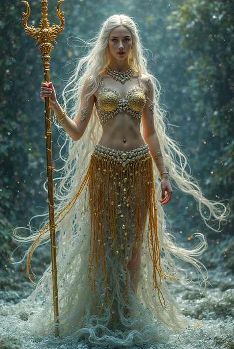 Fantasy costume of sea goddess gold fringed bb skirt long with golden trident pearls mesh 