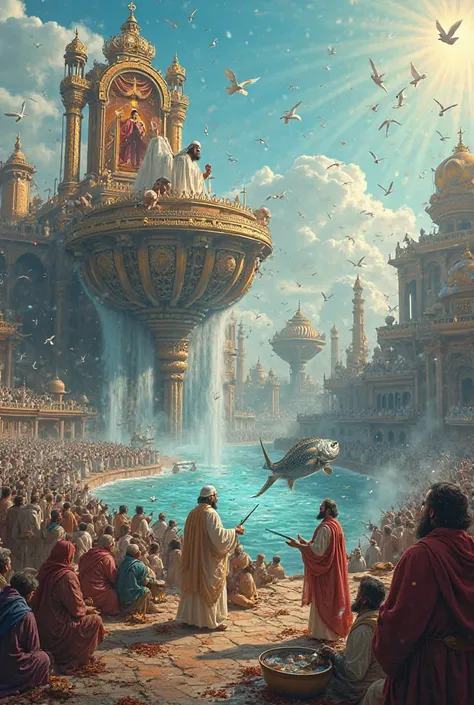 "A spiritually inspiring Islamic thumbnail depicting the majestic throne of Prophet Sulaiman (AS) floating in the air. Below, thousands of large cooking pots are being prepared, with countless creatures—humans, jinn, animals, and birds—gathered for the gra...