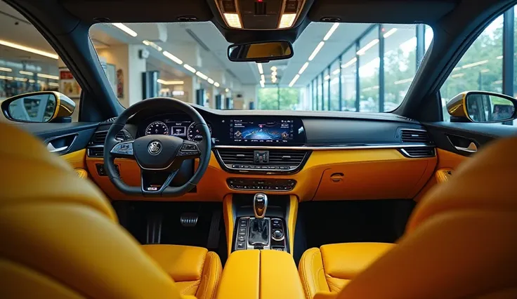 "A stunning interior shot of the Skoda Kushaq in yellow, showcasing its luxurious and tech-rich cabin inside an elegant showroom. The spacious interior features premium leather seats, a sleek digital instrument cluster, a large touchscreen infotainment sys...