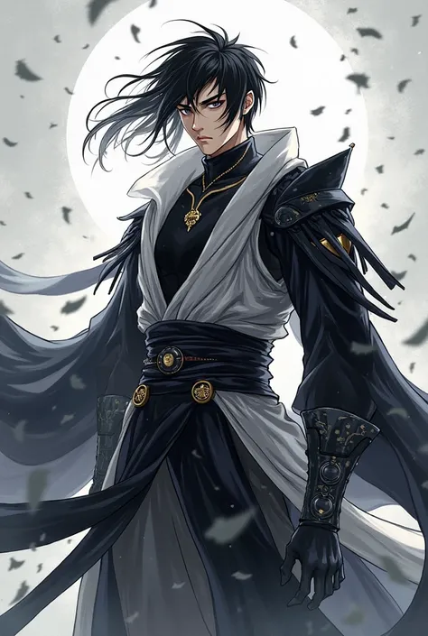 Anime image An image of a man with a large tall figure and a figure like a fictional hero. He has black hair and one strand of white hair in front of him. His face is sharp and looks cool, conveys mystery and makes a calm, calm look of the hero.

Wearing a...