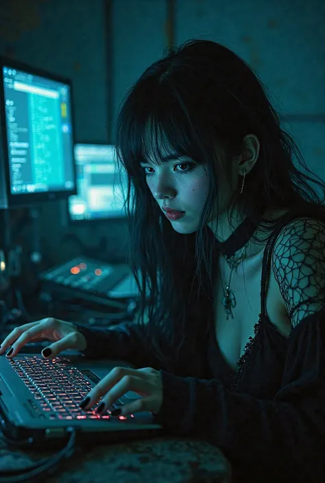 Emo girl hacking into a computer