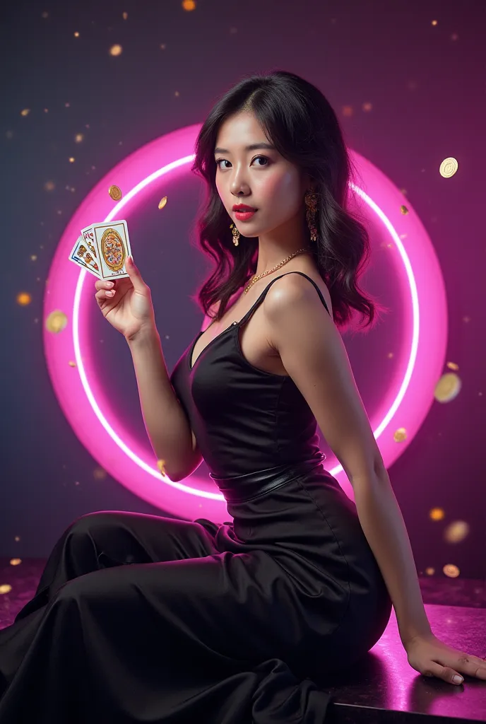 Concept : " INDOSLOTS , The Place to Win!"
Background:  Use striking contrasting colors , like black or dark purple, with a bright neon effect around the slot reels or casino symbols.
 Main image : Show a young asian female idol with an elegant look, hold ...